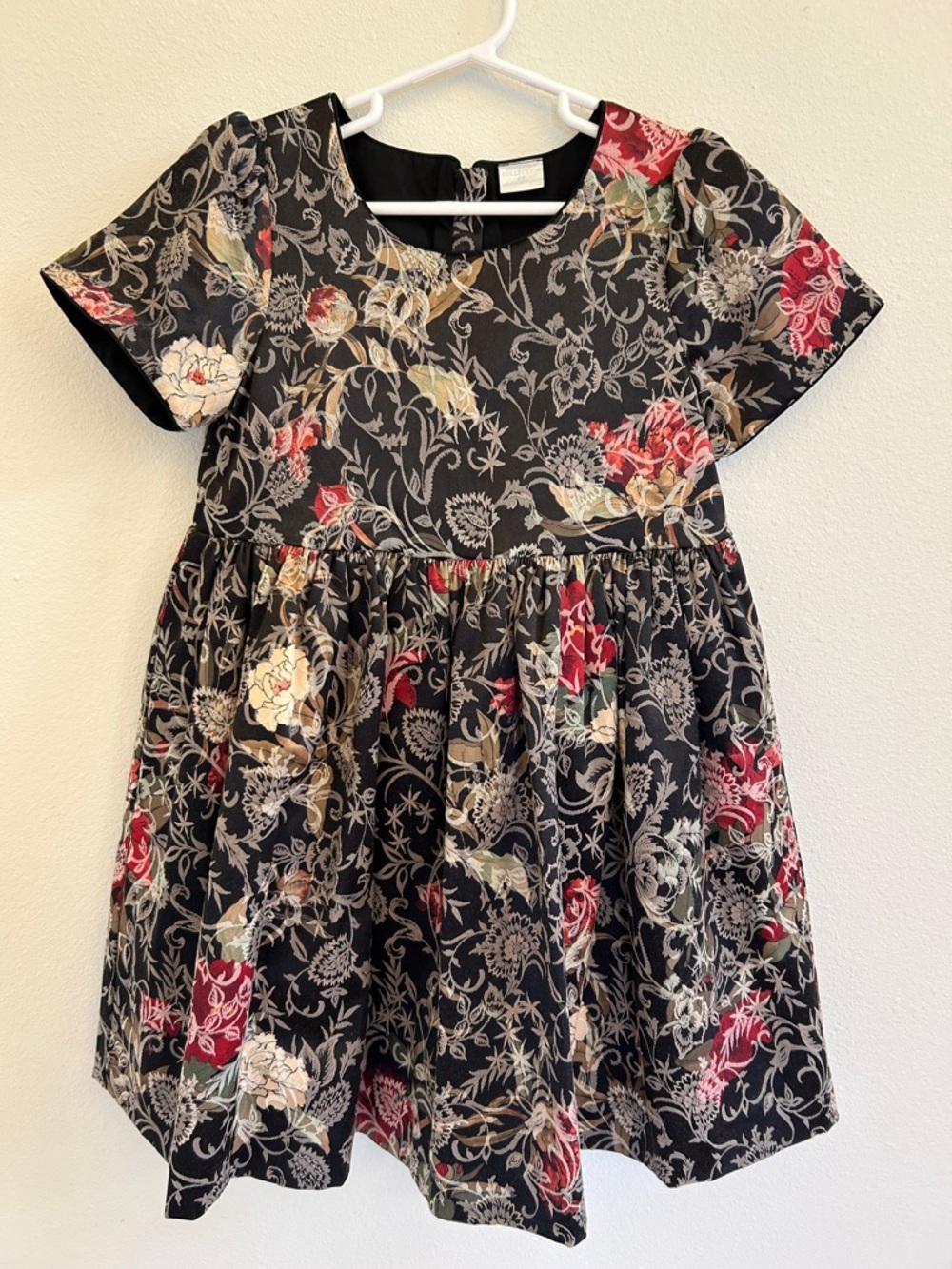 Edgehill Collection Black Floral Dress with Red & Cream Accents